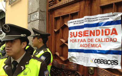 Representatives of thirteen universities forced to close in 2012 file a complaint against Correa and three former officials of his government